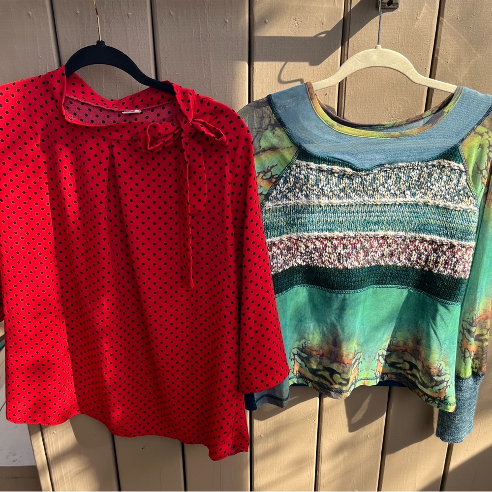 EUC Mirror Image 2 long sleeve tops - crewneck multi pattern & red high neck